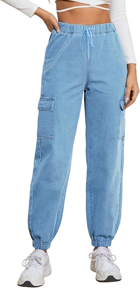 Women's Cargo Jogger Pants High Waisted Drawstring Elastic Waist Cargo Jeans Casual Denim Pants w... | Amazon (US)