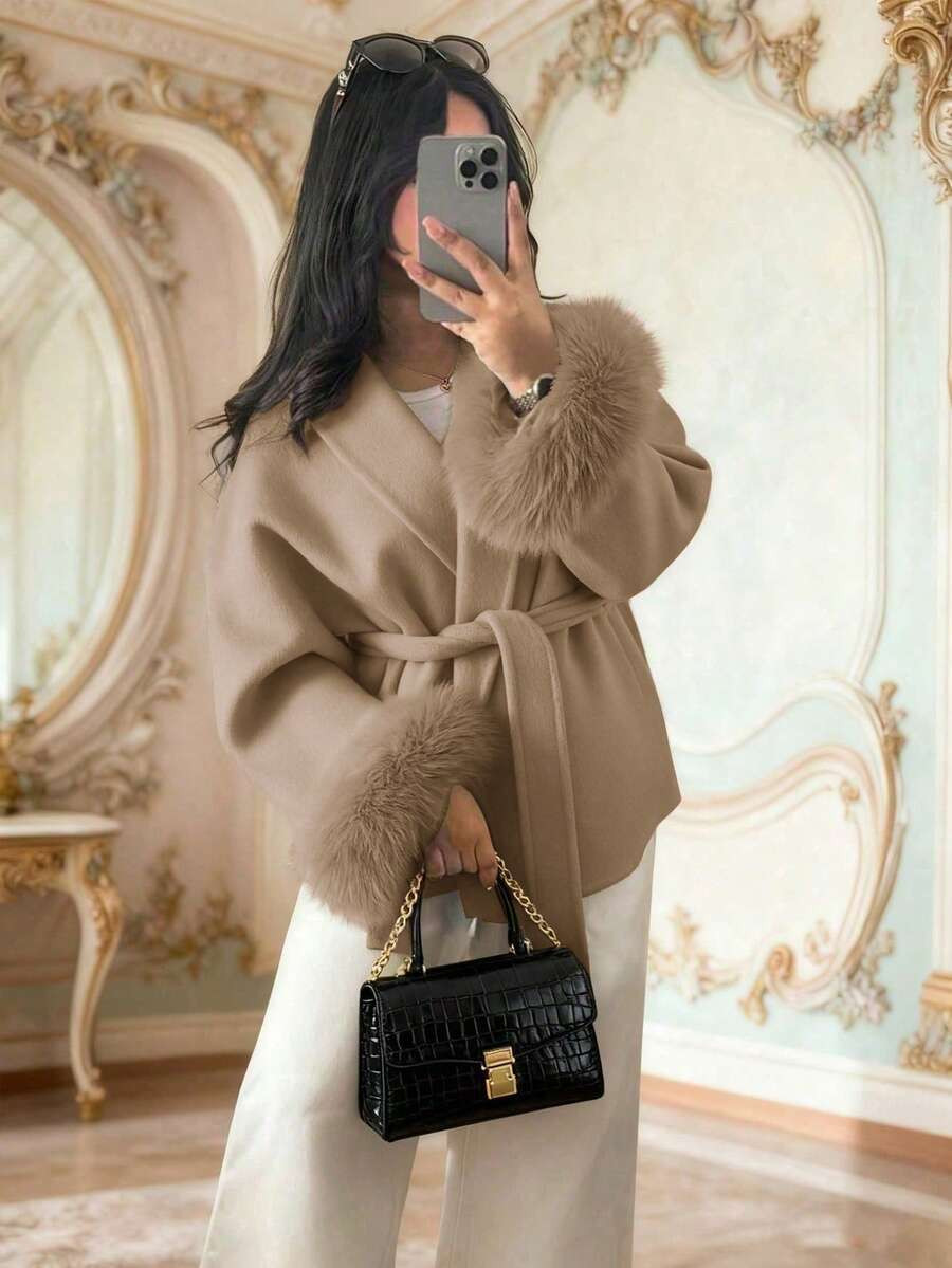 Autumn/Winter Women's New Aristocratic Style Tie-Up Fluffy Sleeve Jacket, Elegant Wool-Like Fabri... | SHEIN