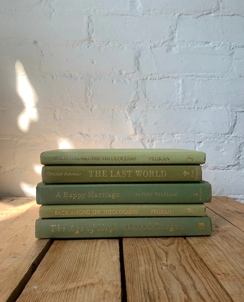 Green book stack, green book decor, decorative stacked books, neutral bookshelf decor, shelf stag... | Etsy (US)