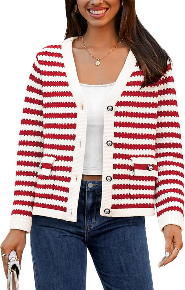 Women's Cardigan Sweaters 2025 Fashion V Neck Open Front Gold Button Cardigans Cropped Knit Outer... | Amazon (US)