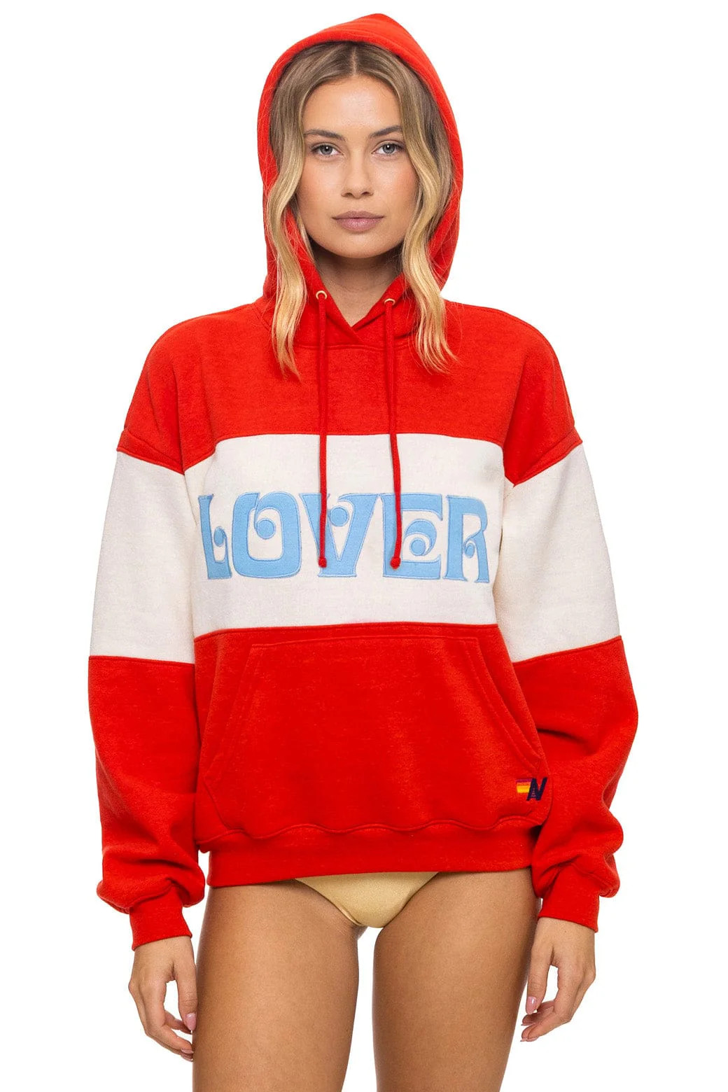 LOVER EMBROIDERY COLOR BLOCK PULLOVER HOODIE RELAXED - RED // VINTAGE | Aviator Nation