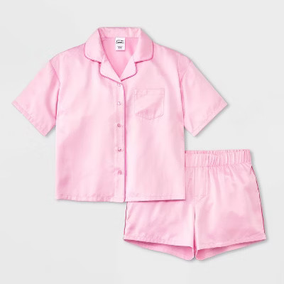 Girls' 2pc Satin Short Sleeve Button Up Pajama Set - art class™ Pink M | Target