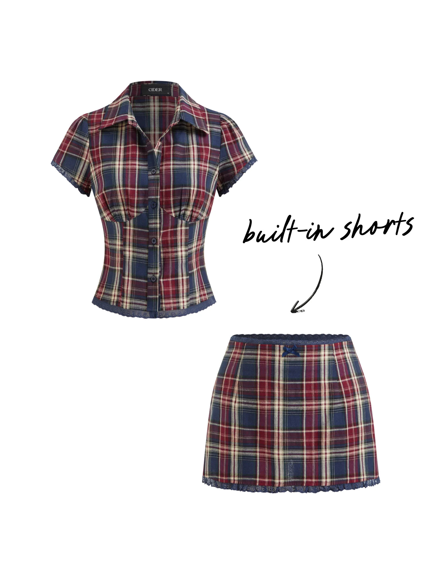 Woven Cotton-blend Plaid Collar Short Sleeve Blouse & Mid Rise Lace Trim Bowknot Mini Skirt Set For Daily Casual | Cider