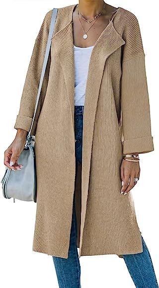 ANRABESS Women’s Open Front Cardigan 3/4 Sleeve Draped Lapel Loose Boyfriend Slouchy Knitted Slit Sw | Amazon (US)