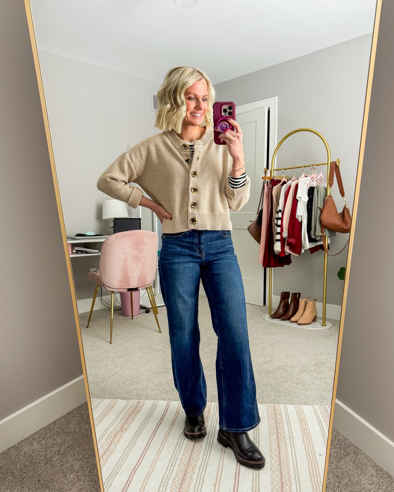 What I wore this week! I paired this cropped cardigan from Quince with my Bella stretch wide leg jeans, also from Quince. 
Cardigan- xsmall
Jeans- 25/28”
Striped shirt- small


#LTKootd #LTKSeasonal #LTKPetite
