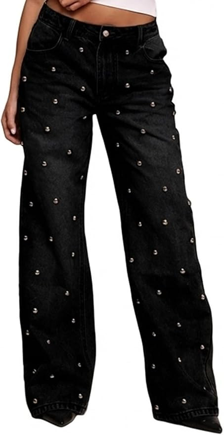 Famnbro Women Sparkly Jeans Y2K Dome Stud High Waisted Baggy Straight Wide Leg Bling Glitter Stud... | Amazon (US)