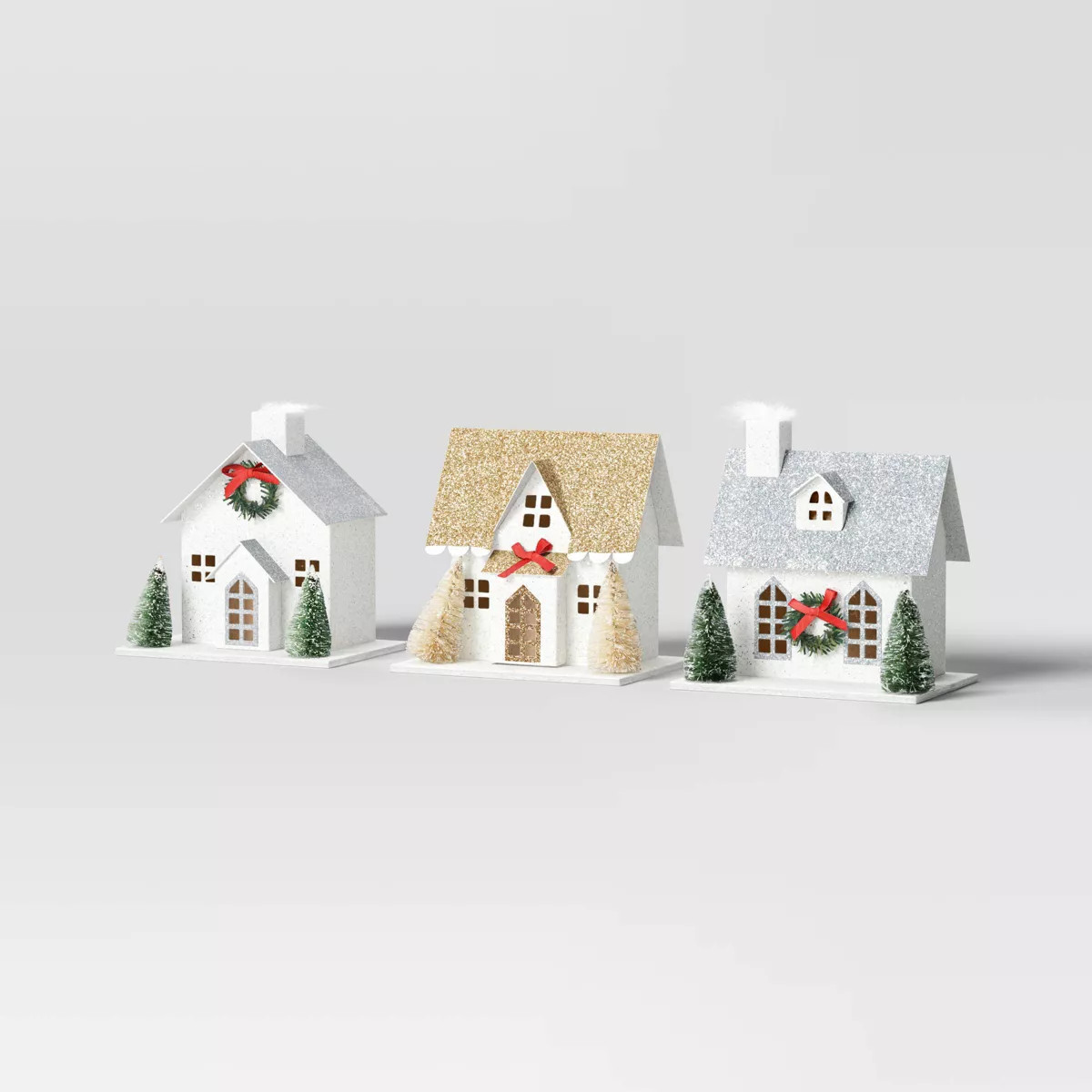3pc Glittered Paper House Christmas Village Set - Wondershop™ White/Gold/Silver | Target