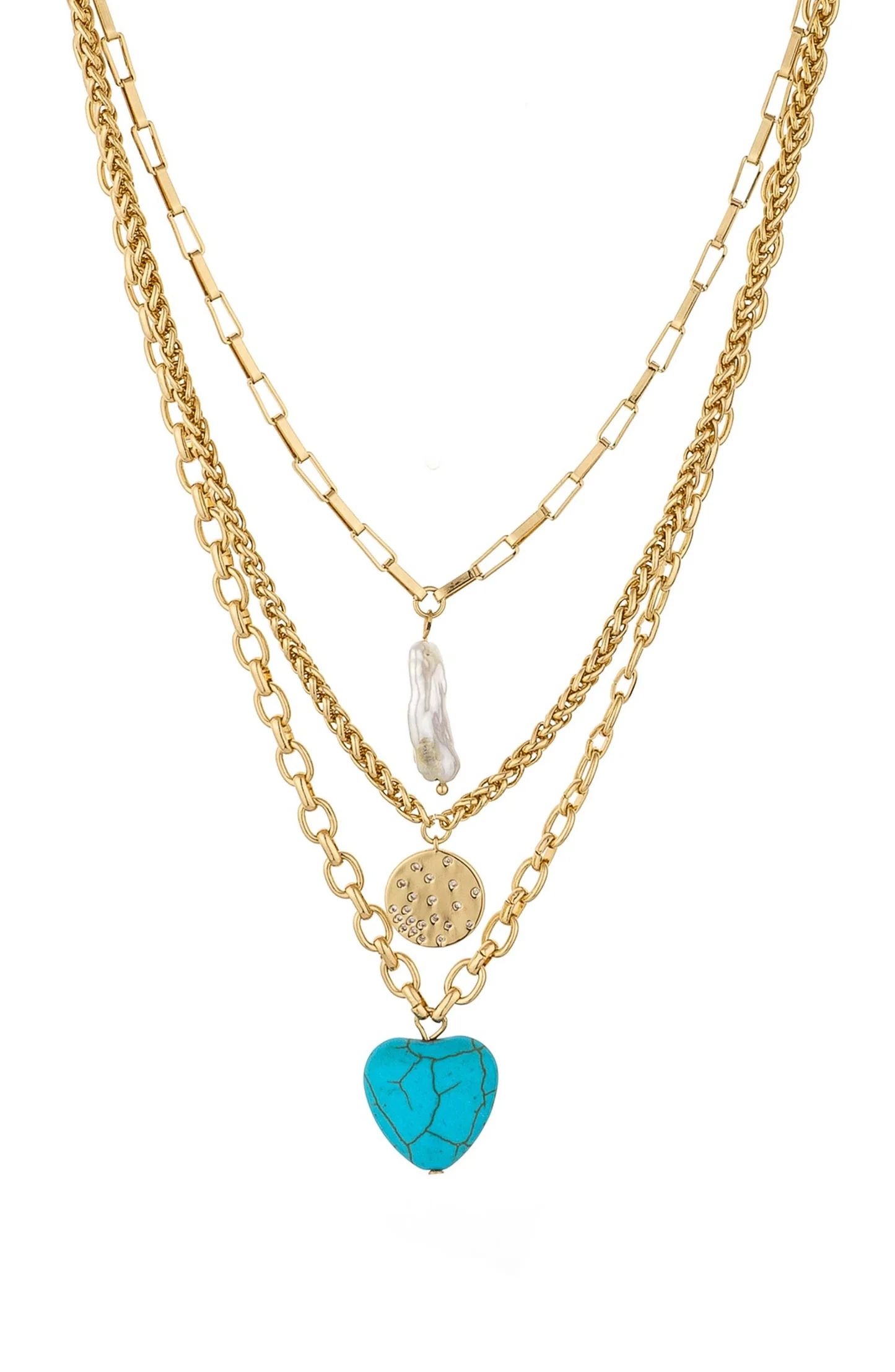The Malibu Turquoise, Coin, and Pearl 18k Gold Plated Necklace Set | Ettika
