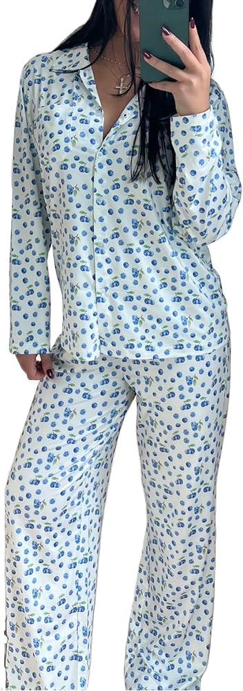 Women 2 Piece Floral Pajamas Lounge Set Sweet Strawberry Long Sleeve Shirt+Wide Leg Palazzo Pants... | Amazon (US)