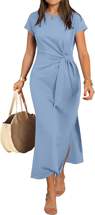 ANRABESS Womens Summer Maxi Dress Casual Crew Neck Tie Waist Split Wrinkle-Free Fit Long Fashion ... | Amazon (US)