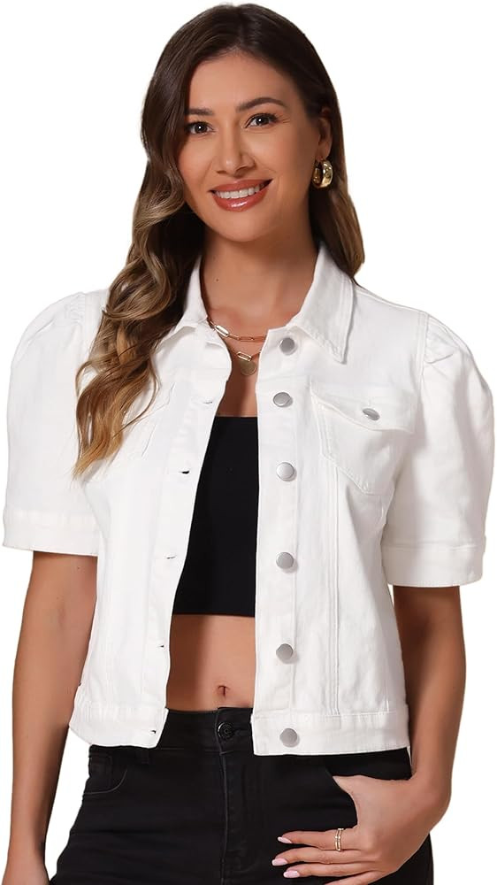 Allegra K Casual Jean Jacket for Women's Short Puff Sleeves Button-Down Denim Jacket | Amazon (US)