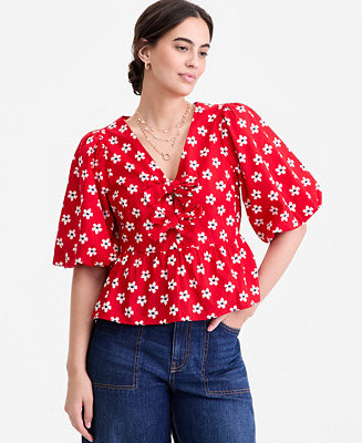 Women's  Puff-Sleeve Tie-Front Peplum Blouse, Macy's Exclusive | Macy's