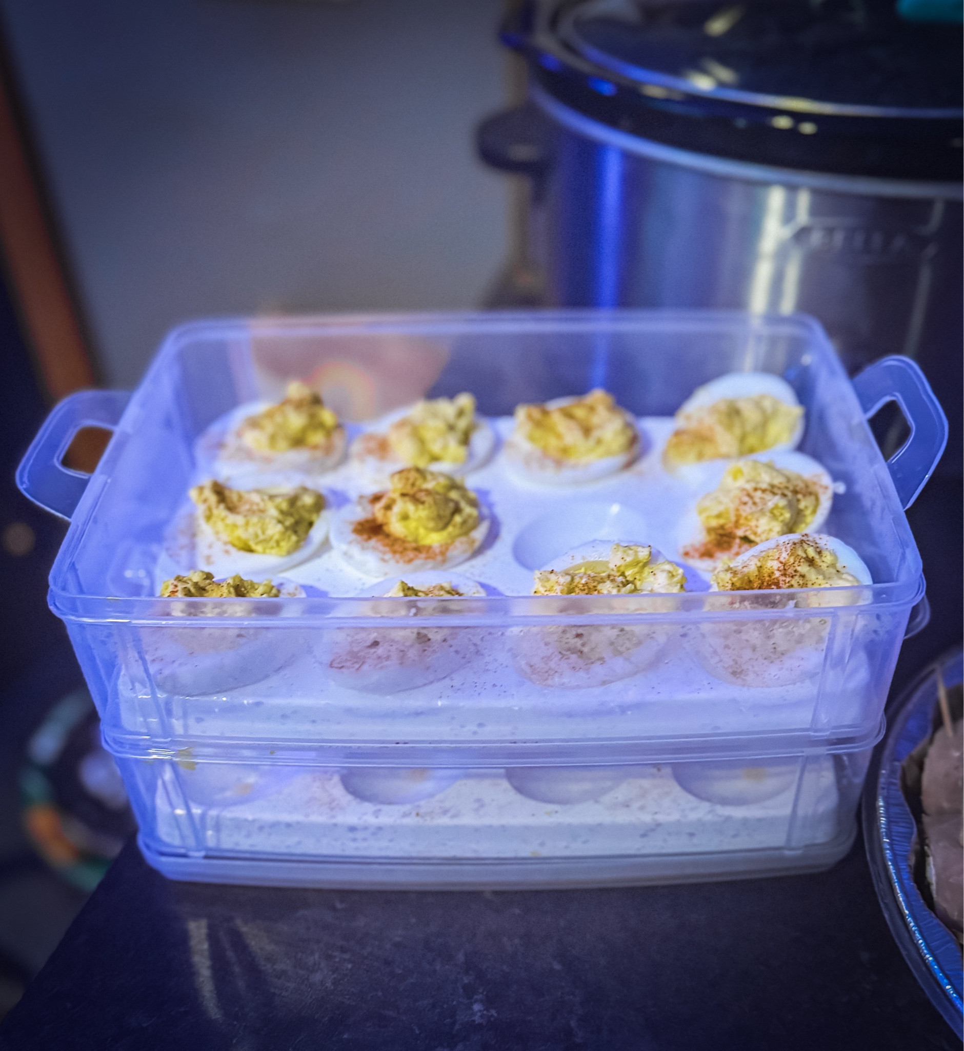 Deviled eggs are always a hit at parties, but they can be tricky to transport with smushing them! This two-tier tray comes with a cover with handle and holds 24 deviled eggs.