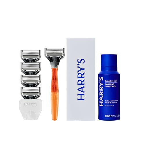 Harry's Original Shaving Kit for Men - Razor Handle, 5 Razor Blade Refills, Foaming Shave Gel, and Travel Blade Cover - TSA Approved Travel Essentials - German Engineered - Ember | Amazon (US)