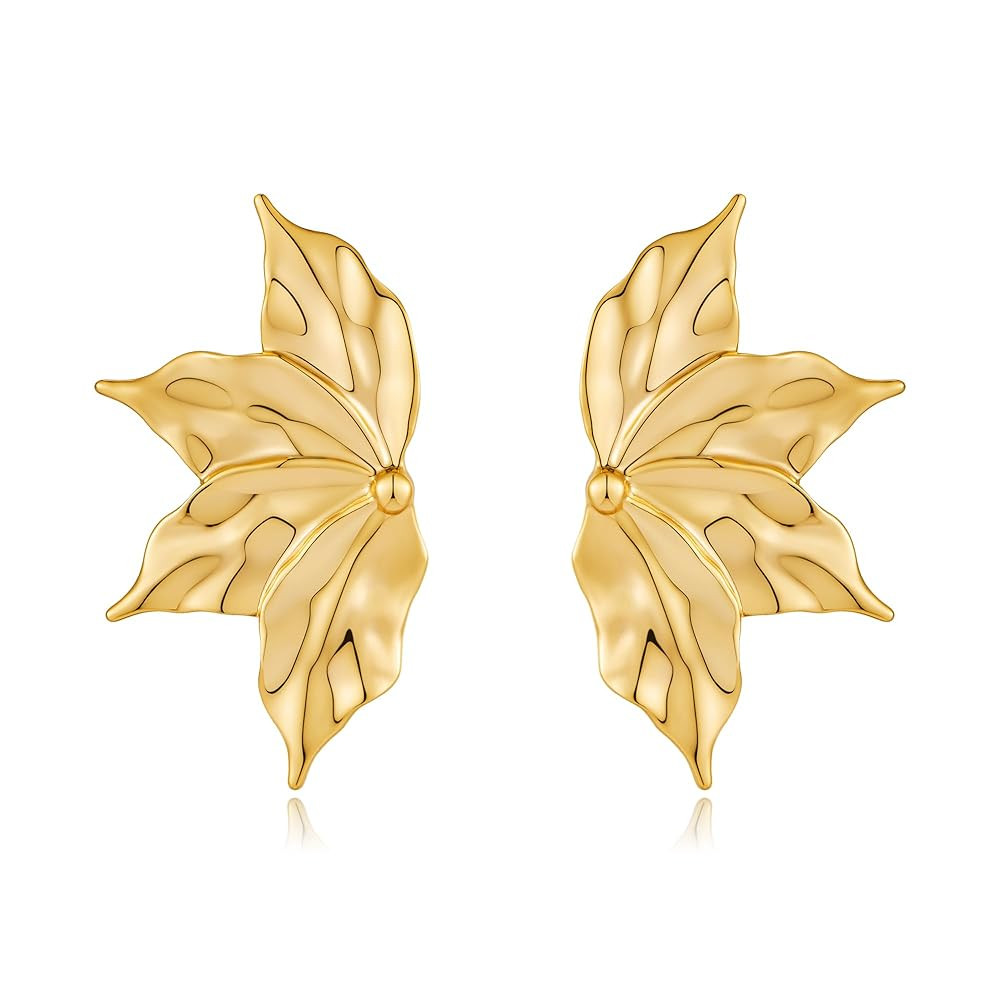 Chunky Gold Statement Earrings For Women Gold Plated Sectored Flower Leaf Shell Angel Wing Earrin... | Amazon (US)