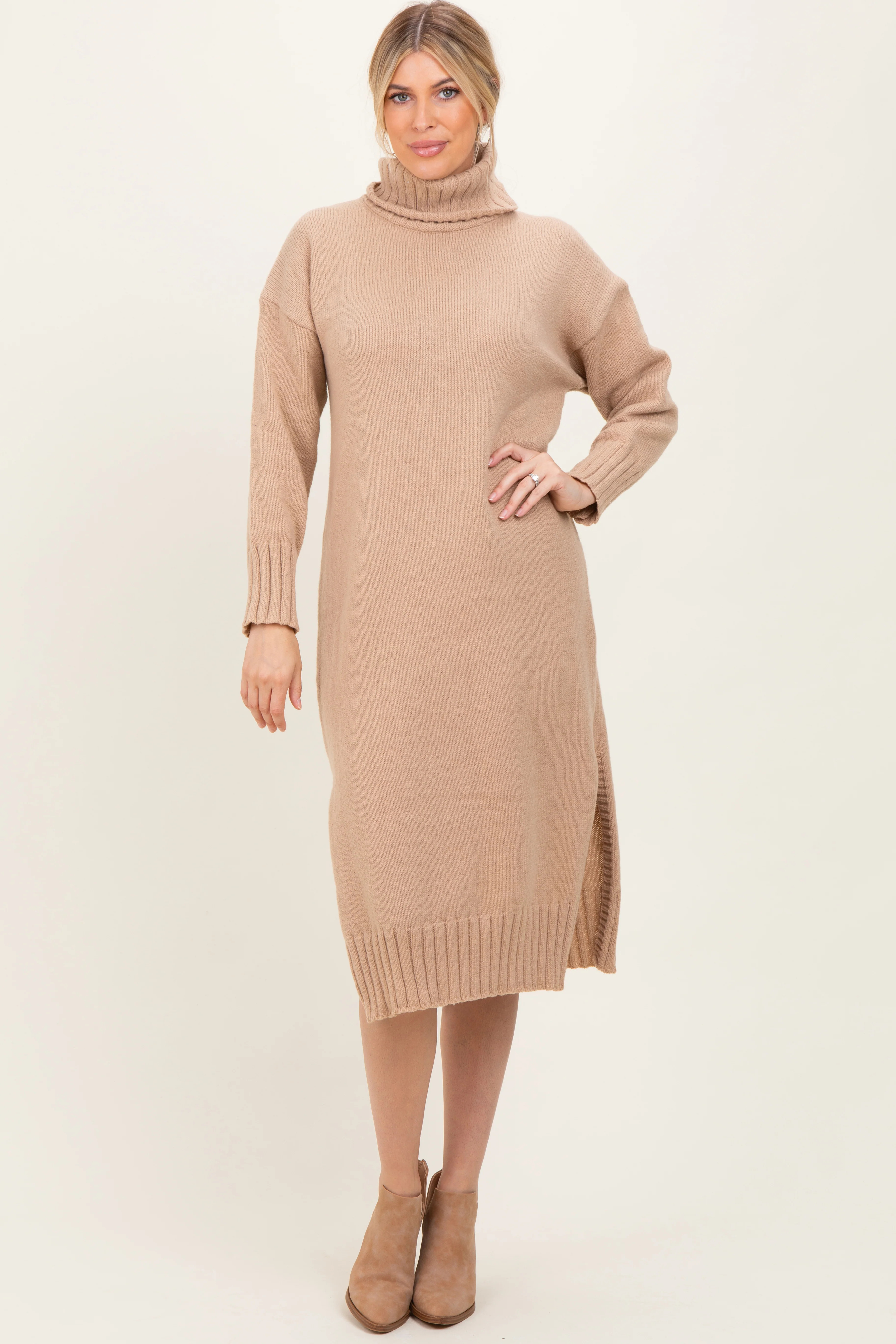 Camel Turtleneck Chunky Knit Midi Sweater Dress | PinkBlush Maternity