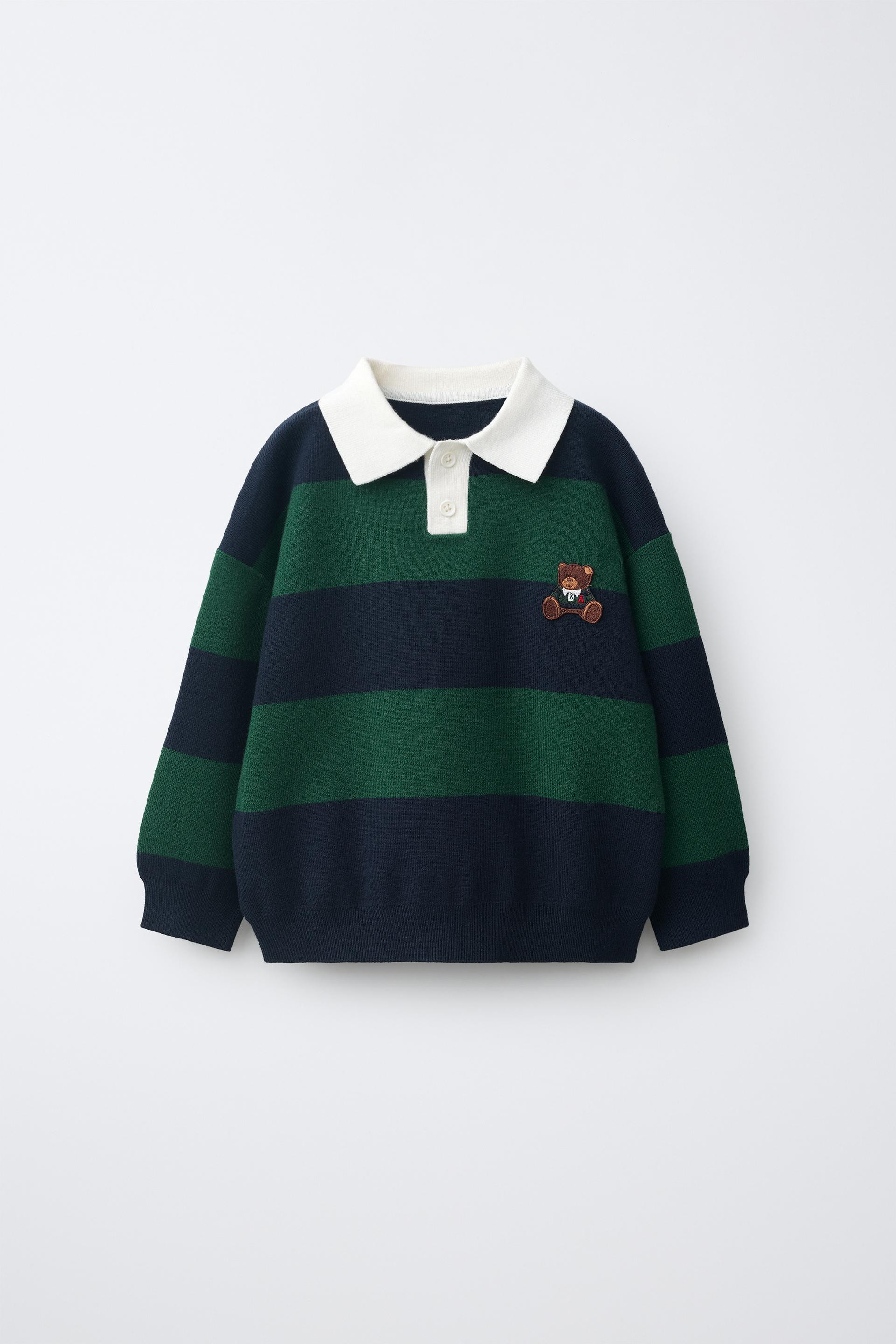 Zara - Striped Knit Polo With Bear Patch - Ecru / Brown - 2 Years (36,2 Inches) - Kids | Zara US