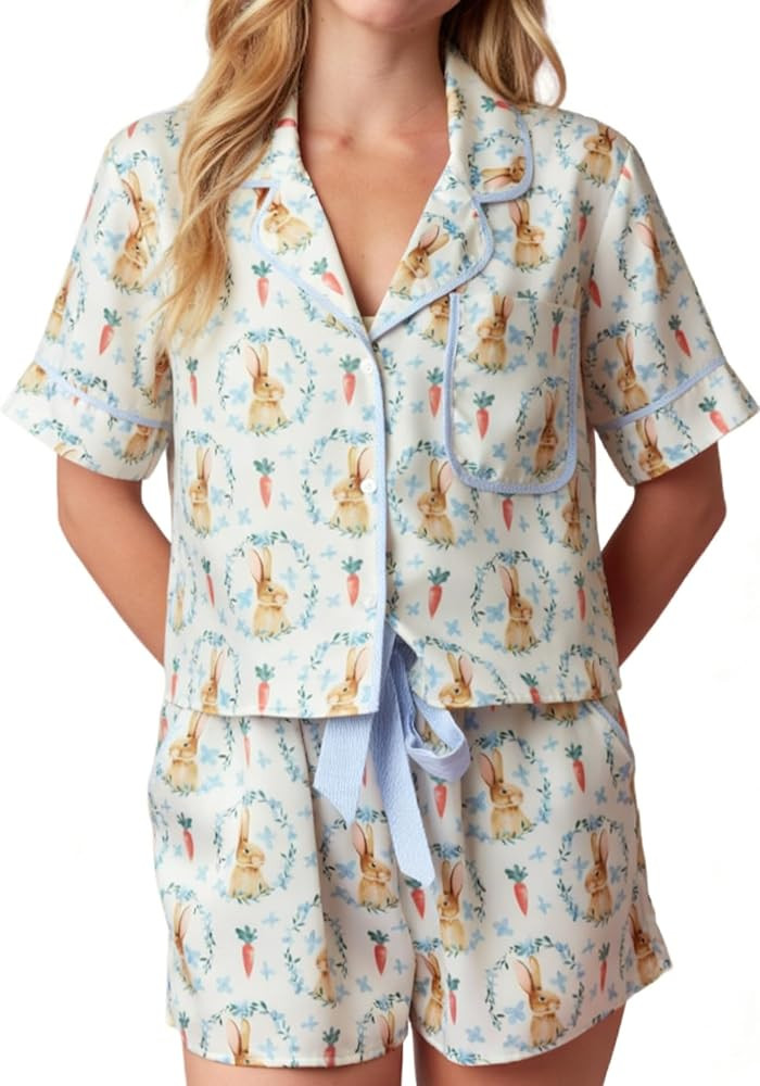 Cute Bunny Bow Pajamas for Women Easter Eggs 2 Piece Preppy Pjs Shorts Matching Rabbit Print Silk... | Amazon (US)