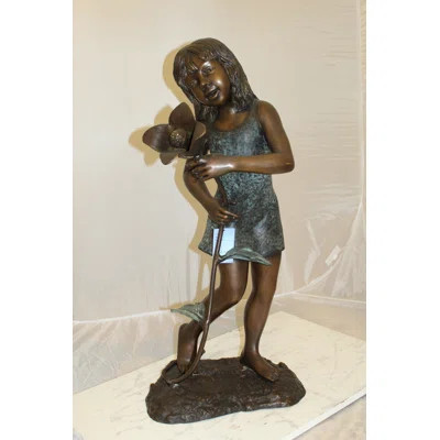 Girl Holding a Flower Fountain Bronze Statue - Size: 15"L x 15"W x 35"H. | Wayfair North America
