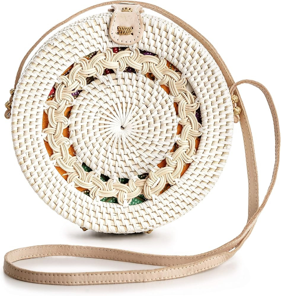 Round Rattan Bag for Women - Handmade Rattan Straw Bags - Wicker Purse - Boho Bag - Round Rattan Cro | Amazon (US)