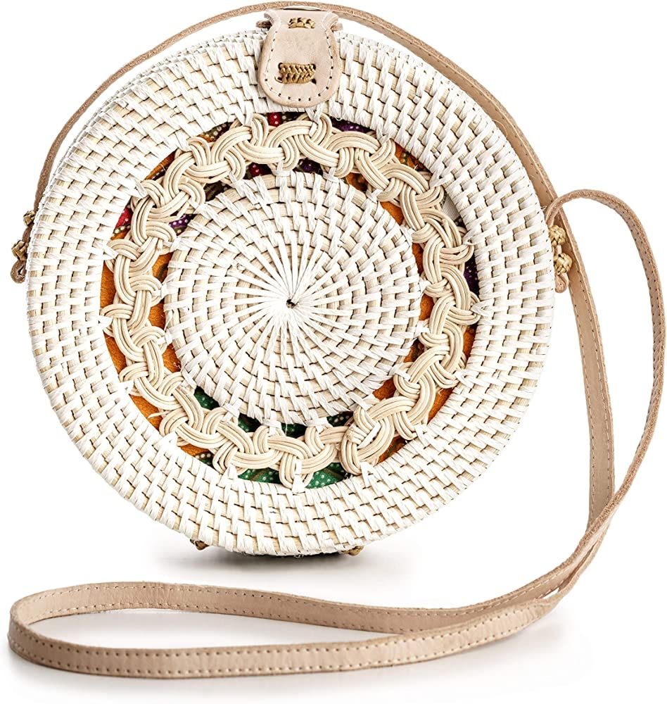 Rattan Bags for Women - Handmade Wicker Woven Purse Handbag Circle Boho Bag Bali (White Pattern):... | Amazon (US)