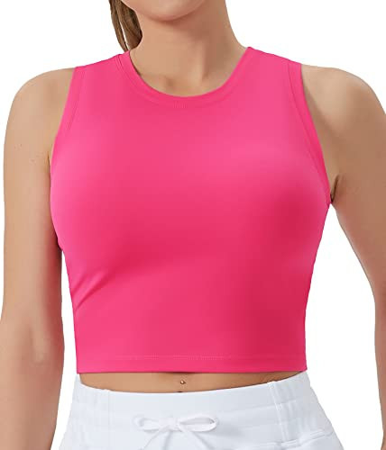 THE GYM PEOPLE Women's Workout Crop Tops Sleeveless Yoga Running Shirts Athletic Tank Top No Padding Bright Pink | Amazon (US)