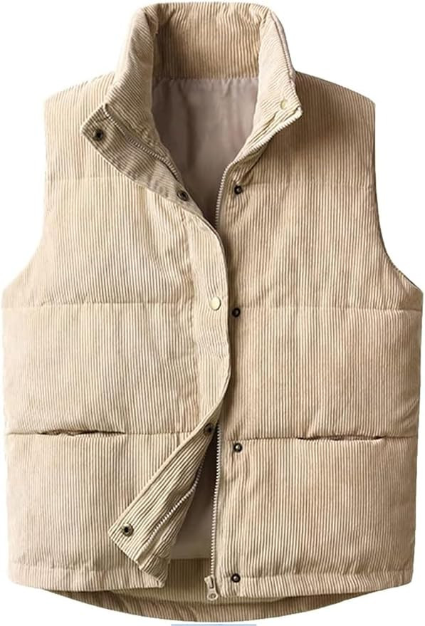 Womens Corduroy Puffer Vest Stand Collar Zip Snap Button Sleeveless Warm Waistcoat Padded Gilet | Amazon (US)