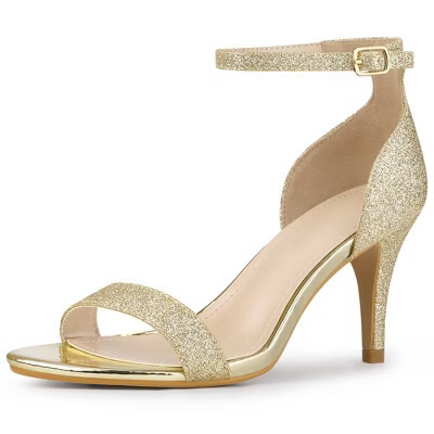 Perphy Women's Glitter Open Toe Ankle Buckle Strap Stiletto Heel Sandals Gold 7 | Target