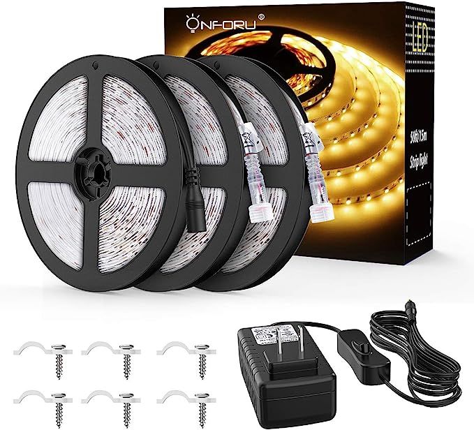 Onforu 50ft Waterproof LED Strip Lights Kit, 3000K Warm White, 15M 12V Flexible LED Rope with 450... | Amazon (US)