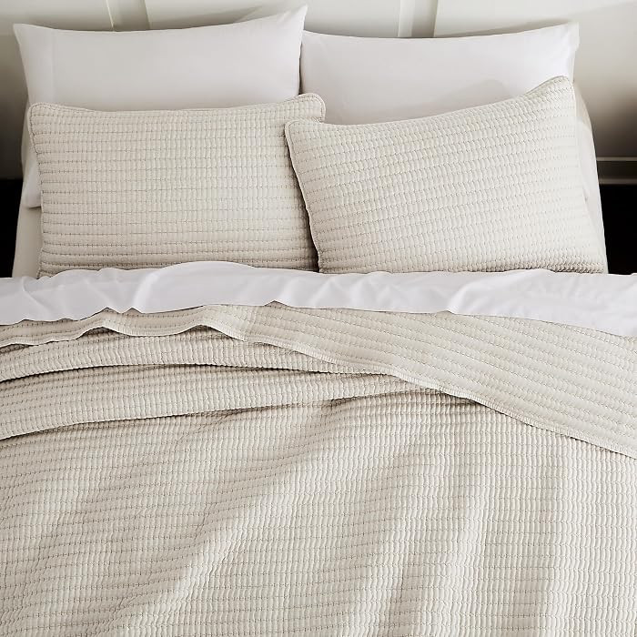 Beige Pick Stitch Oversized King Size Quilt Set, California King Striped Lightweight Soft Summer ... | Amazon (US)