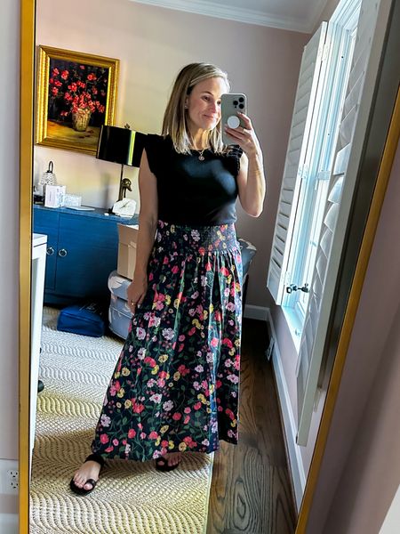 I love this long skirt!! It’s so soft and comfortable, especially postpartum. I have a size small. 

My black top is j.crew but I linked an identical one from old navy that I also own (in white) and fits great. 

#LTKSeasonal
