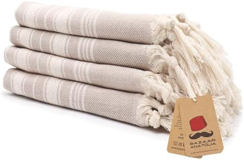 Bazaar Anatolia Turkish Hand Towels Set of 4 Bathroom Towels 39x19 inches 100% Cotton Bath Kitchen Towels with Hanging Loop Boho Farmhouse Decor Tan Taupe Cream - Stripe Beige | Amazon (US)