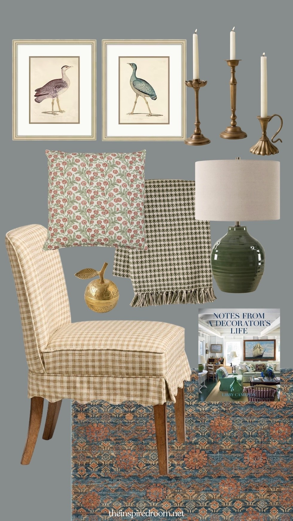Cozy fall mood board - gingham scalloped chair, green lamp, bird art, brass taper candle holders, fallish rug, plaid throw blanket with tassels, floral pillow, brass apple

#LTKSaleAlert #LTKHome #LTKSeasonal
