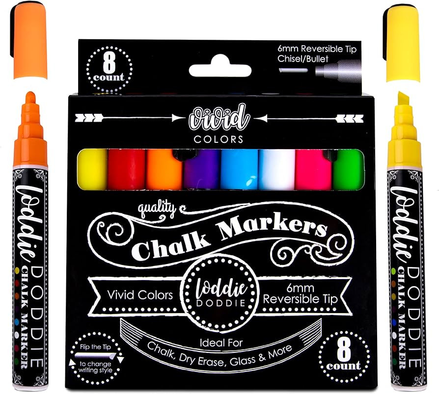 Loddie Doddie Liquid Chalk Markers - 8-Pack, 6mm Reversible Chisel & Bullet Tips - Erasable Neon ... | Amazon (US)