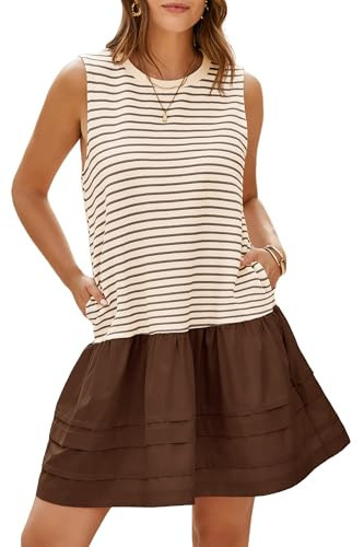 Wenrine Womens Striped Sweatshirt Dress Casual Sleeveless Crewneck Constrast Patchwork Loose Tank... | Amazon (US)