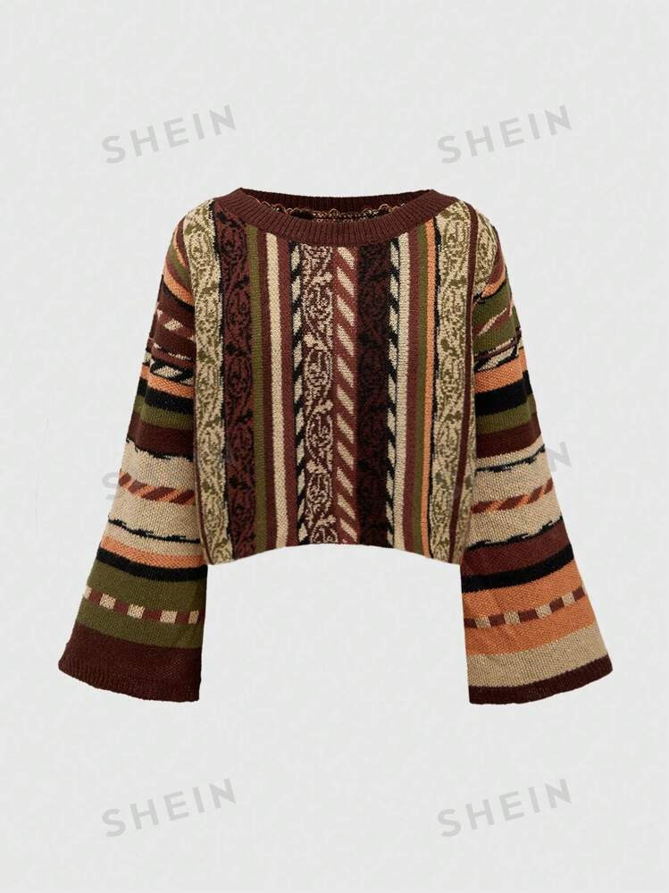 ROMWE Hippie Hippie Style Vertical Striped Pullover Sweater | SHEIN