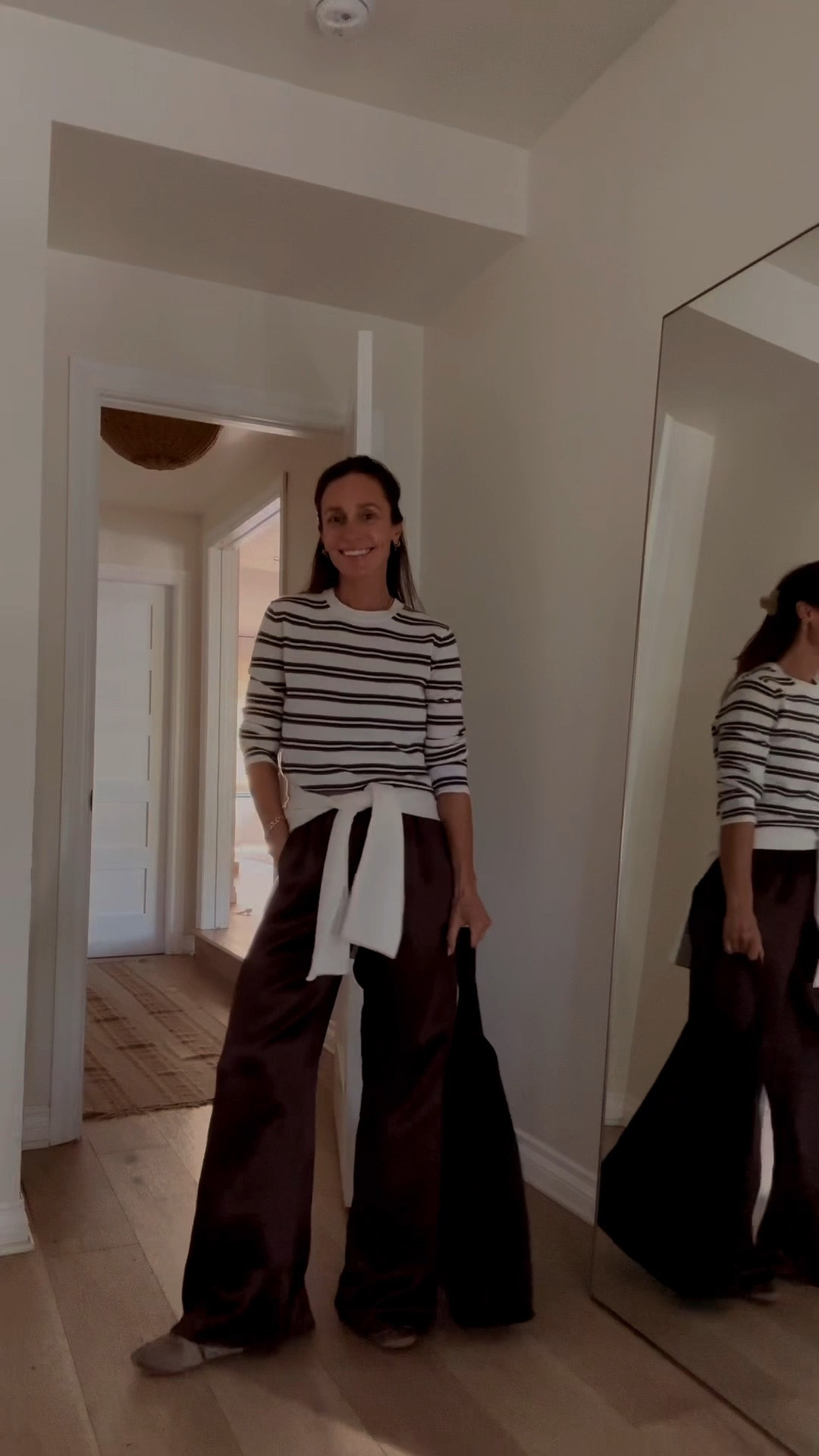 Paired these brown charmeuse pants with this lightweight striped cashmere crewneck sweater for an easy and casual fall outfit. I own these pants in ivory as well (purchased them last year) and I reach for them all season long… they can be worn casually or dressed up. And these cashmere crewneck sweaters are perfect solo in early fall days, but layer effortlessly when the temps dip in late fall. @jcrew #injcrew #ad

#LTKOver40