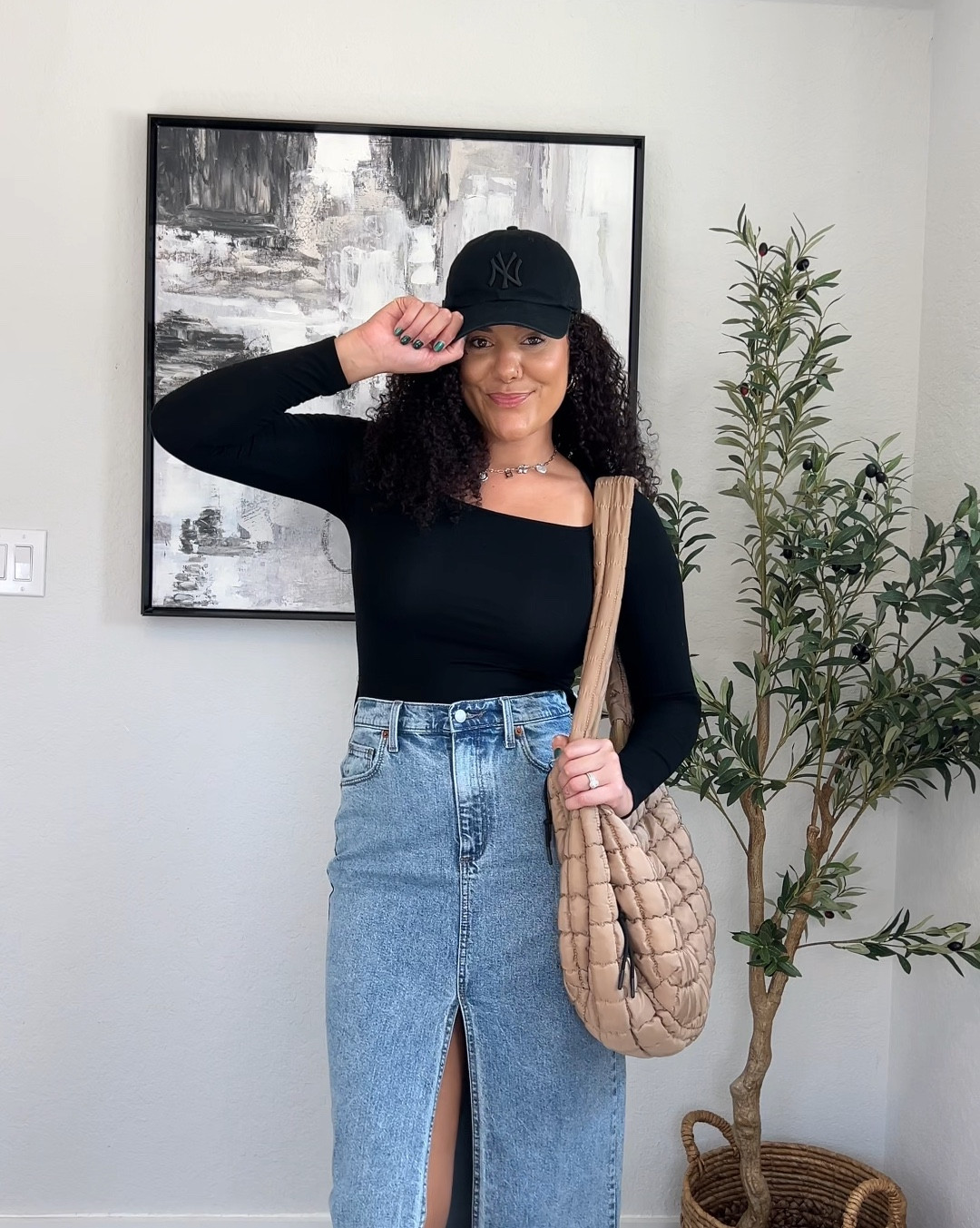 Denim midi skirt and baseball cap casual mom outfit.

#LTKStyleTip #LTKSeasonal #LTKVideo