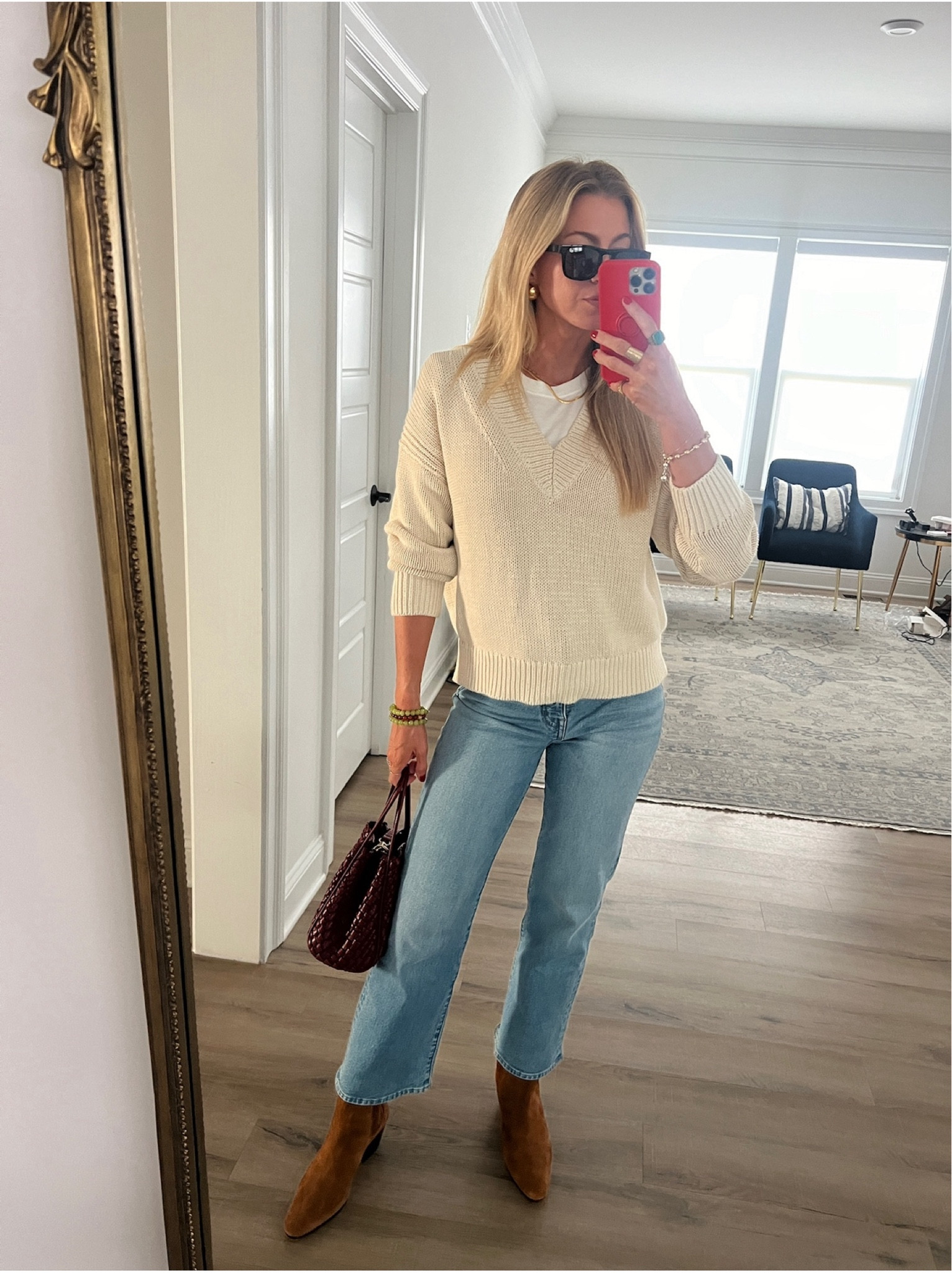 Sweater + denim outfit. 
Sweater: Runs slightly oversized 
Denim: run TTS

#LTKSeasonal #LTKStyleTip #LTKBeauty