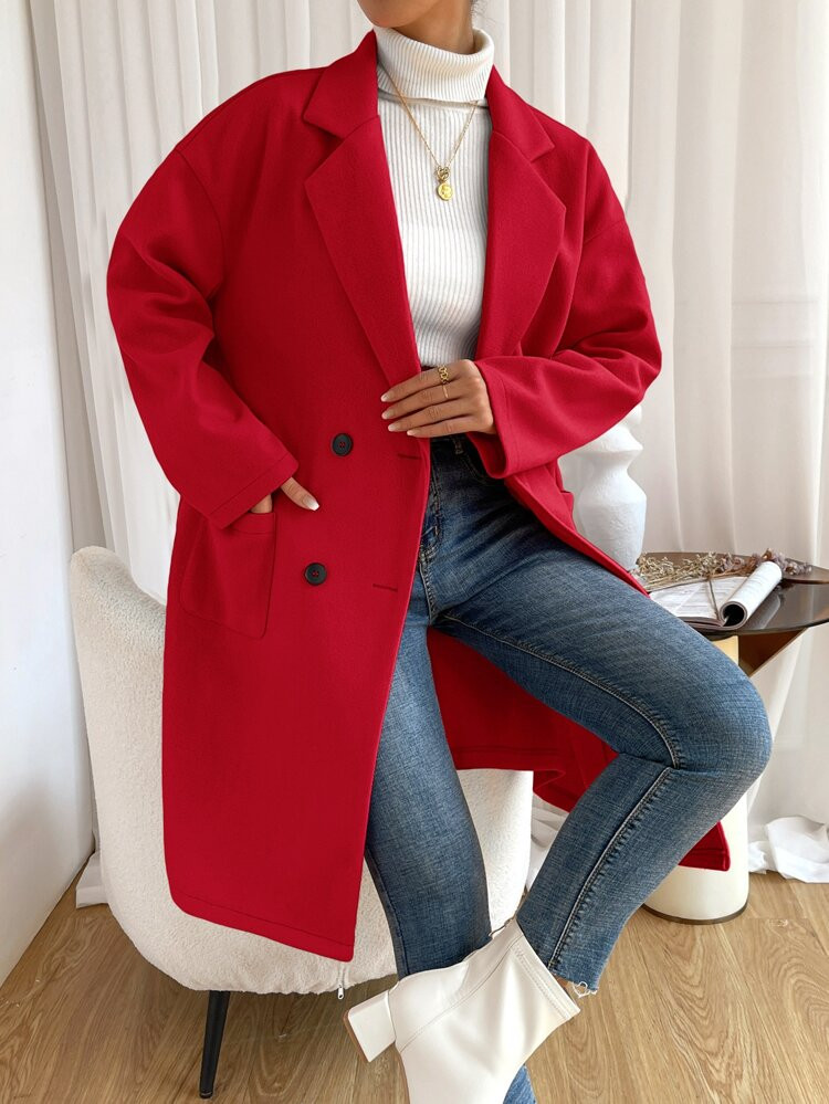 SHEIN EZwear Lapel Neck Drop Shoulder Double Breasted Dual Pocket Overcoat | SHEIN