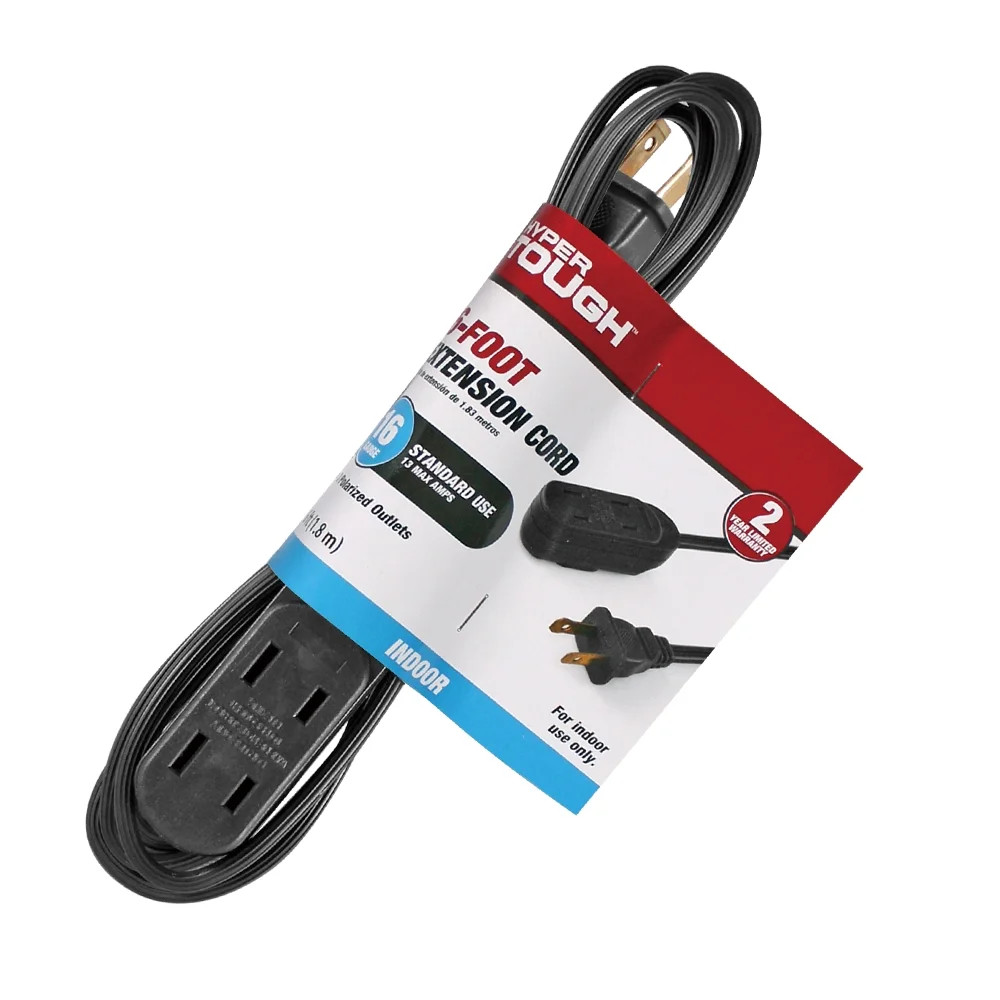 Hyper Tough 6FT 16AWG 2 Prong Black Indoor Household Extension Cord, 125V, 13A | Walmart (US)