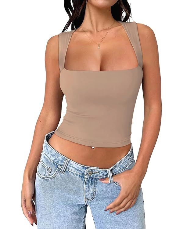 REORIA Butsmooth® Women's Square Neck Going Out Crop Tops Double Lined Cute Basic Tank Tops 2024... | Amazon (US)