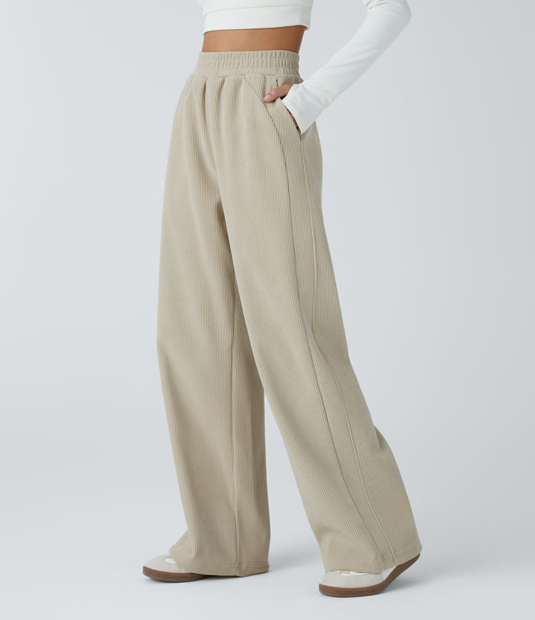Women’s High Waisted Side Pocket Straight Leg Mop Corduroy Casual Pants - Halara | HALARA
