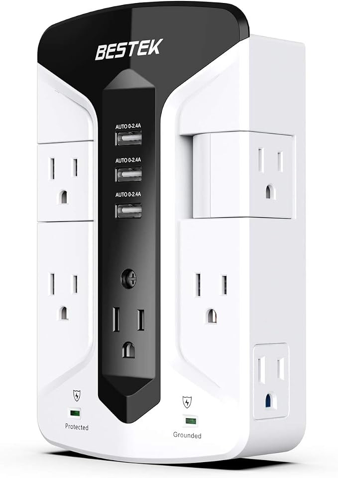 BESTEK 7-Outlet Wall Tap Surge Protector Power Strip with Swivel Outlets, 3 USB Charging Ports, 9... | Amazon (US)