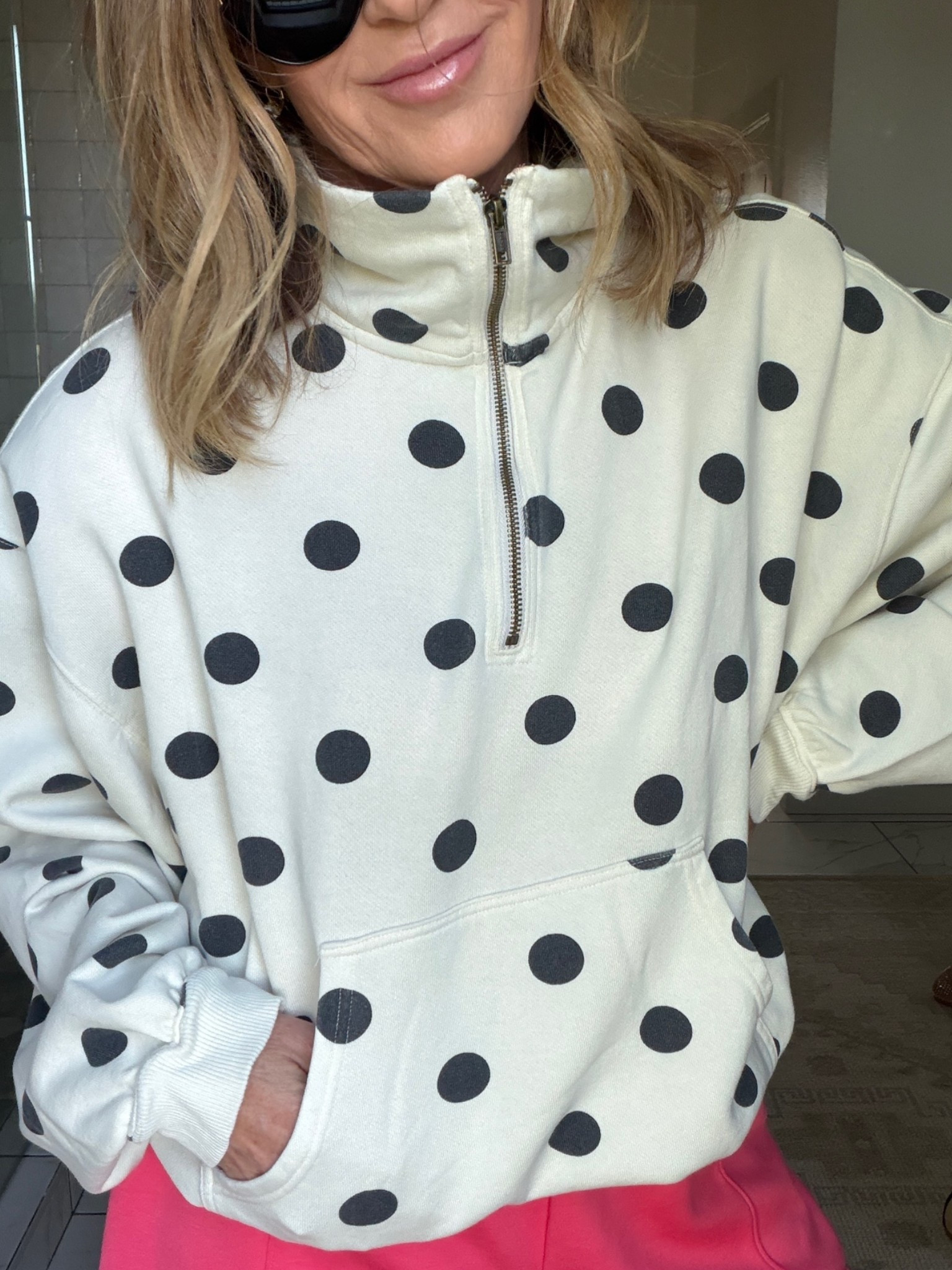 The cutest polka dot pullover. I’m in a size medium