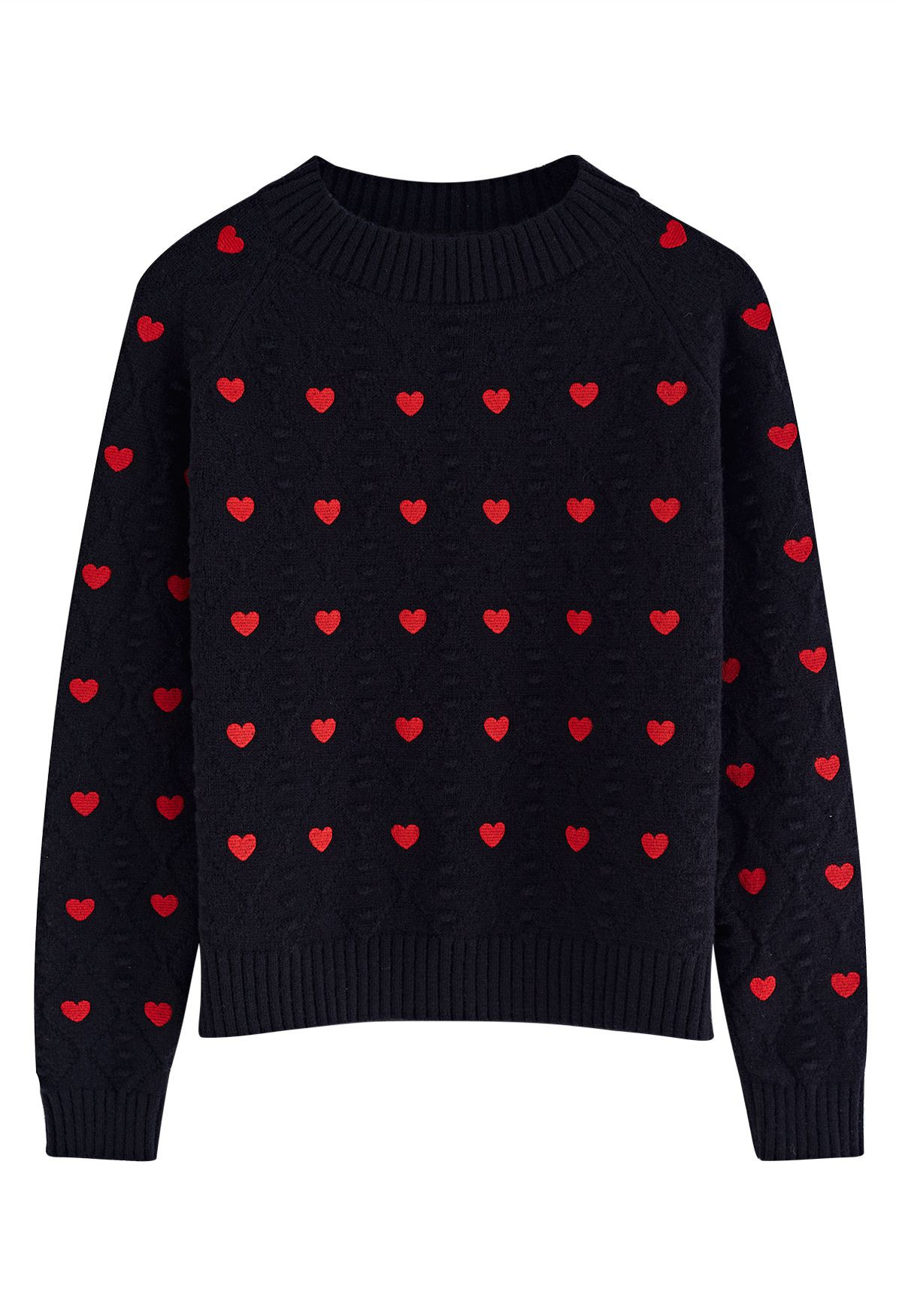 Full of Hearts Embroidered Emboss Knit Crop Sweater in Black | Chicwish