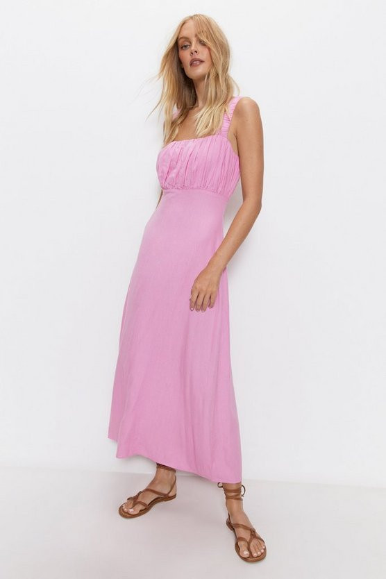 Linen Ruched Detail Maxi Dress | Warehouse UK & IE
