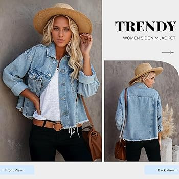 LONGBIDA Women's Jean Jacket Frayed Washed Button Up Cropped Denim Jacket With Pockets | Amazon (US)