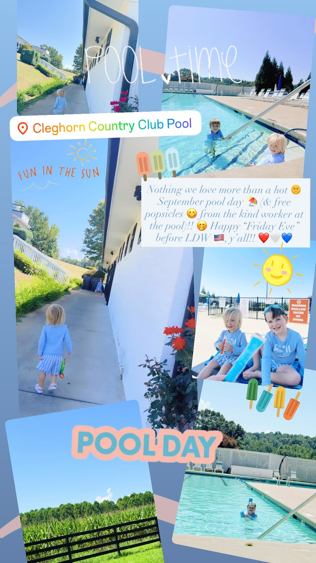 Nothing we love more than a hot 🌞 September pool day ⛱️ (& free popsicles 😋 from the kind worker at the pool)!! 🤭 Happy “Friday Eve” before LDW 🇺🇸, y’all!! ❤️🤍💙