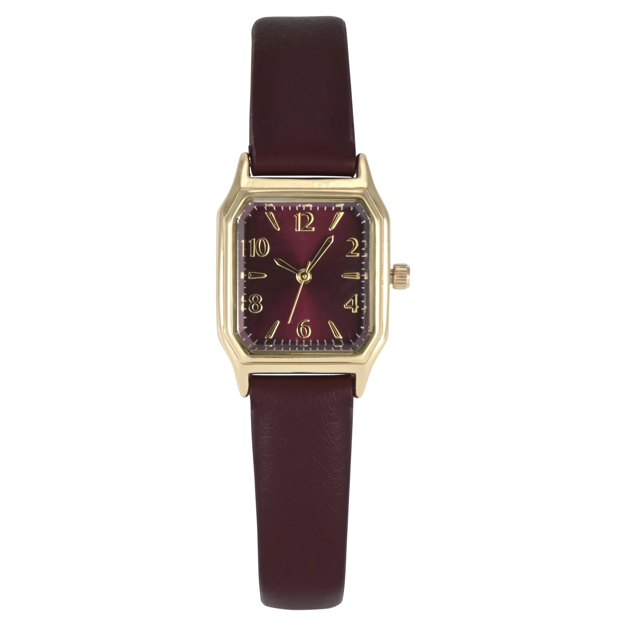 Time & Tru Ladies Goldtone Facet Cut Square Case with Burgundy PU Strap Watch | Walmart (US)